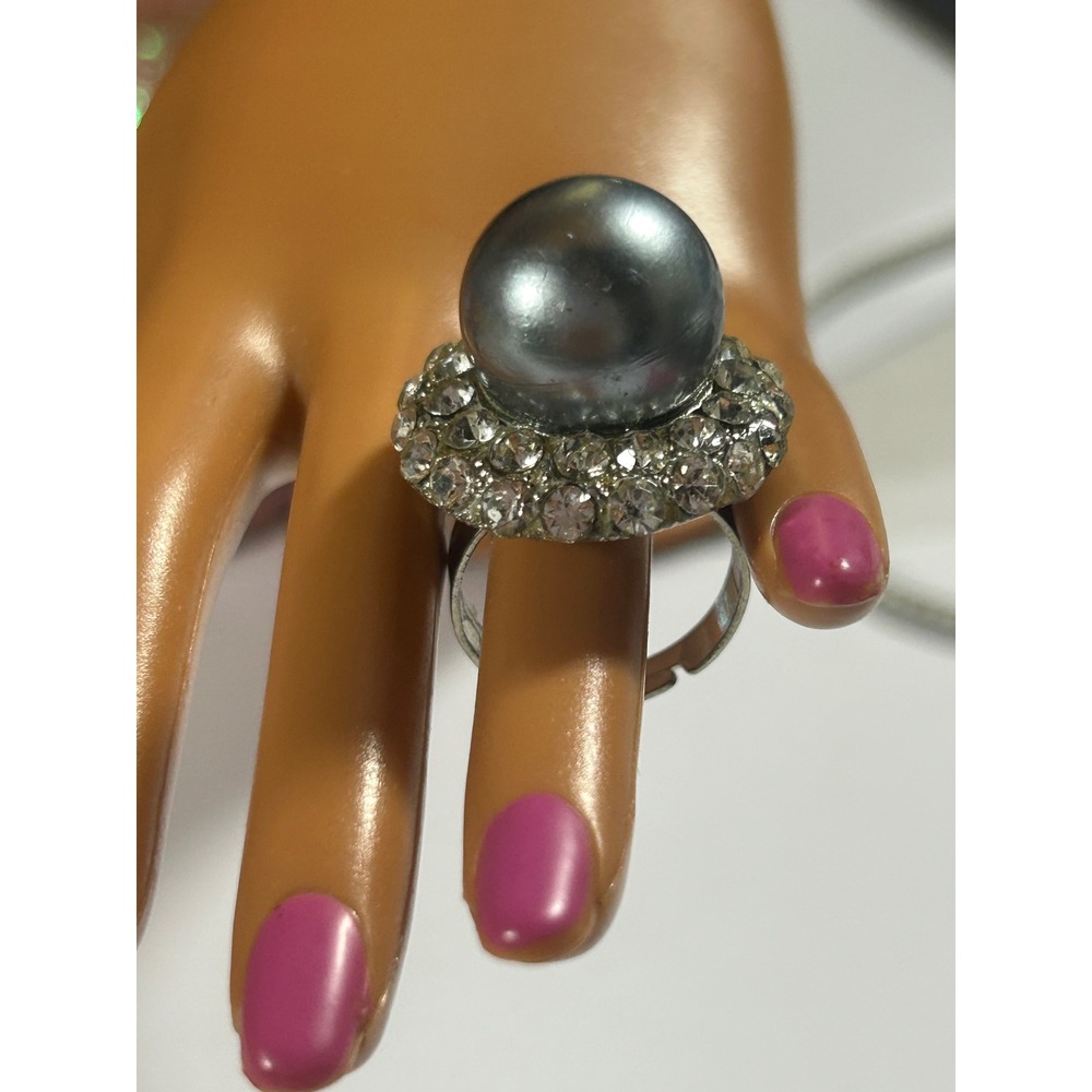 Grey Faux Pearl Rhinestone Halo Statement Cocktail Ring Adjustable Silver Tone
